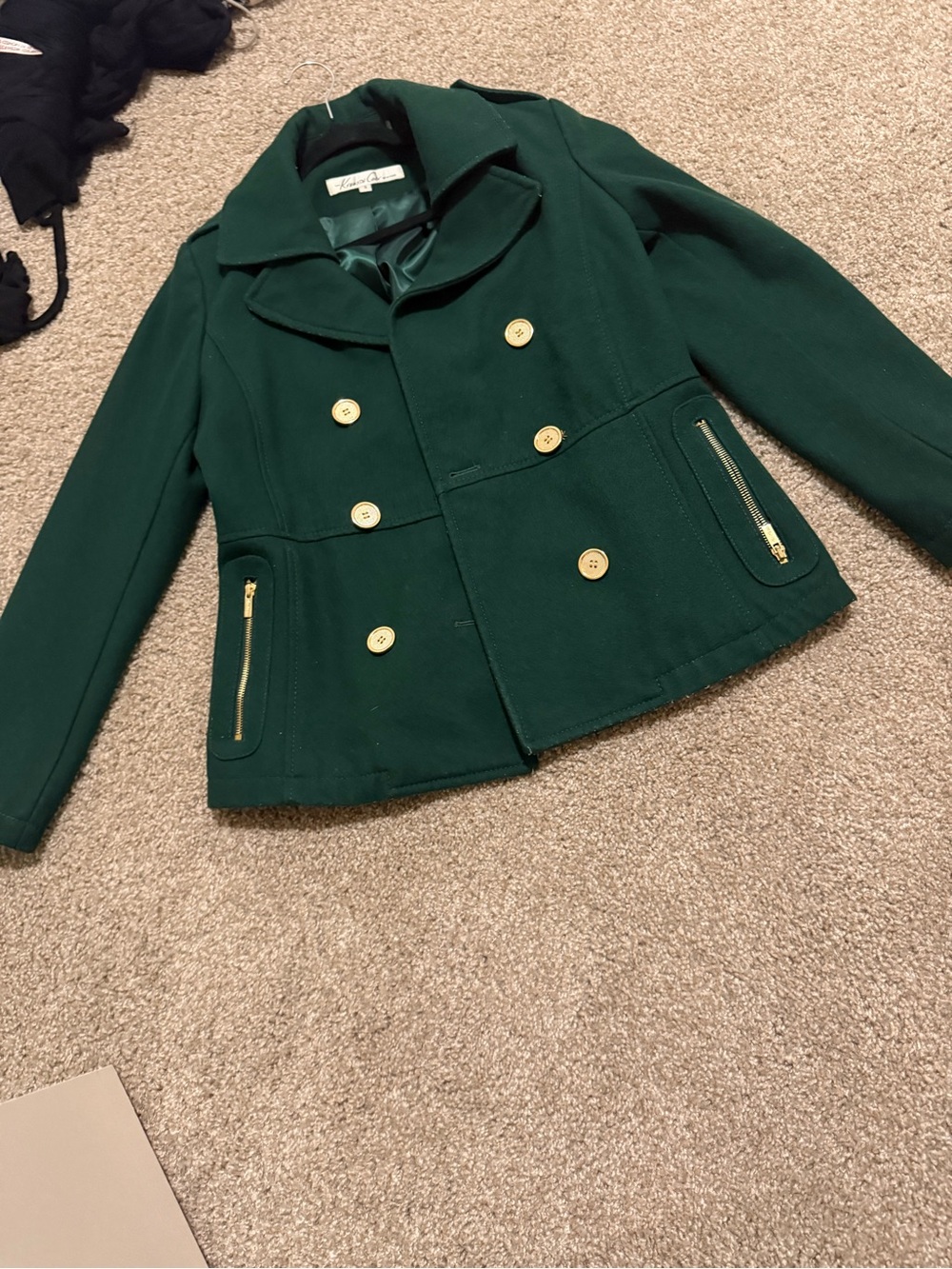 Kenneth Cole Forest Green Double-Breasted Peacoat with Gold Hardware